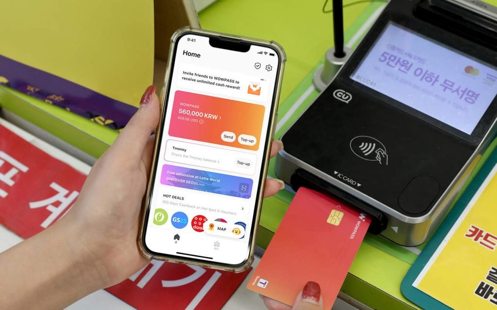 WOWPASS app showing card balance and recent payments in won and dollars